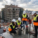 İstanbul Kadıköy kentsel dönüşüm şantiyesinde teknik ekiplerin riskli yapı analizi için beton karot numunesi alımı.